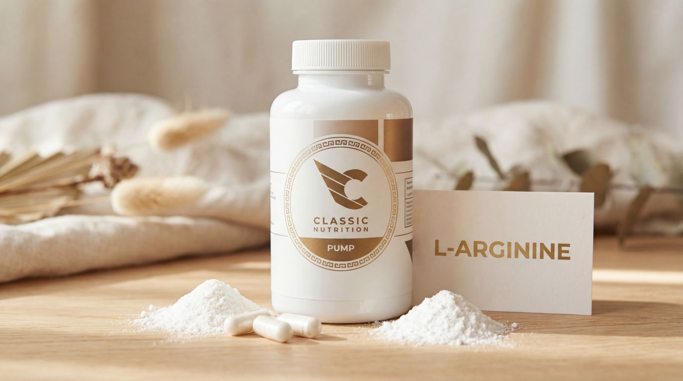 Classic Nutrition PUMP supplement pot met zuivere L-Arginine capsules en poeder op een houten tafel